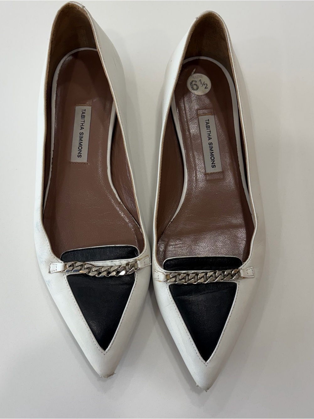 Tabitha Simmons Size 6.5 White and Black Pointed Toe Chain Detail Flats